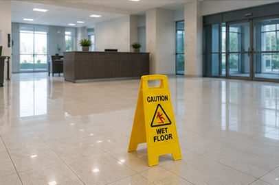 Commercial floor cleaning service in Kingston with wet floor caution sign